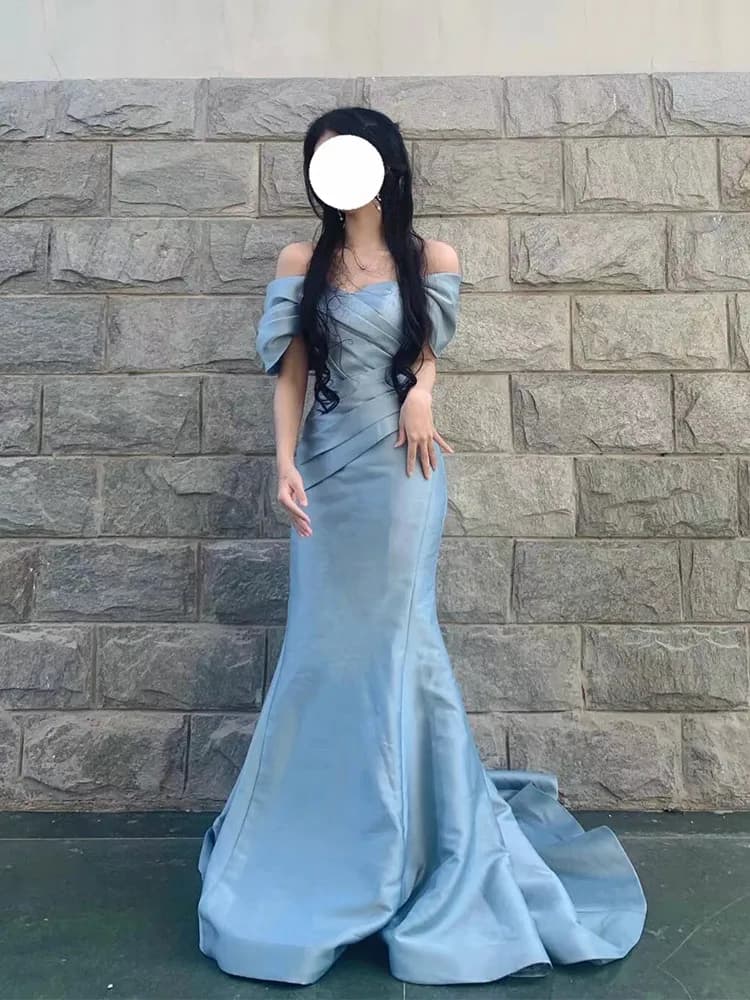 Elegante Abito da Sera Blu a Coda di Pesce Monospalla, Vestito da Cerimonia per Hostess e Laurea, Gonna Lunga Sexy a Vita Alta per Donne Adulte