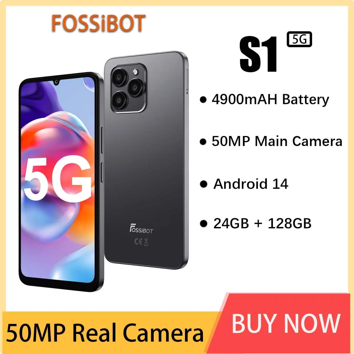 Fossibot S1,5G Telefono cellulare Fotocamera principale da 50 MP Batteria da 4900 mAh Smartphone 24 GB di RAM (6 GB + 18 GB) 128 GB di ROM Android 14 NFC Cellulare