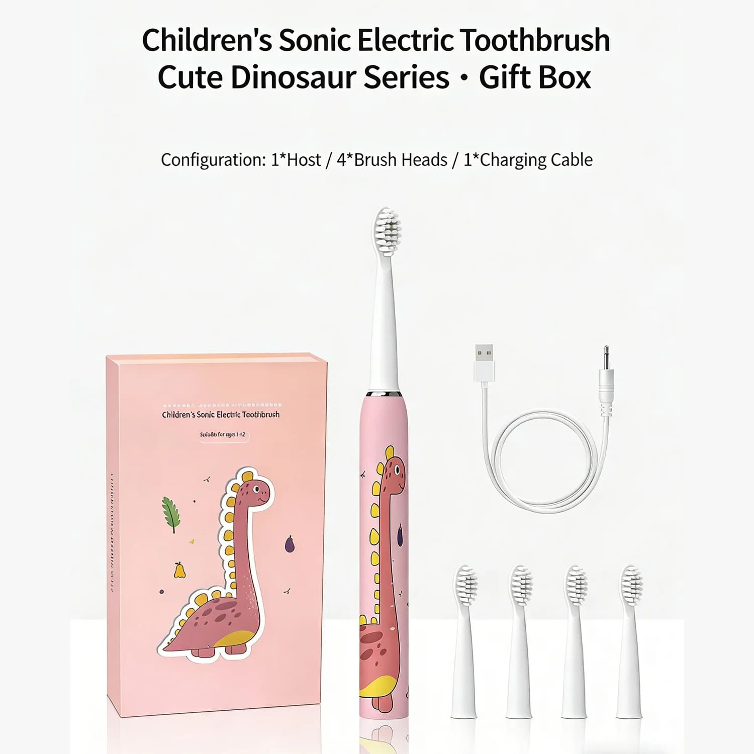 Sonic Electric Toothbrush for Children with Dinosaur Pattern Carinus, Rechargeable, Waterproof IPX7, with 4 Children's Replacement Heads
