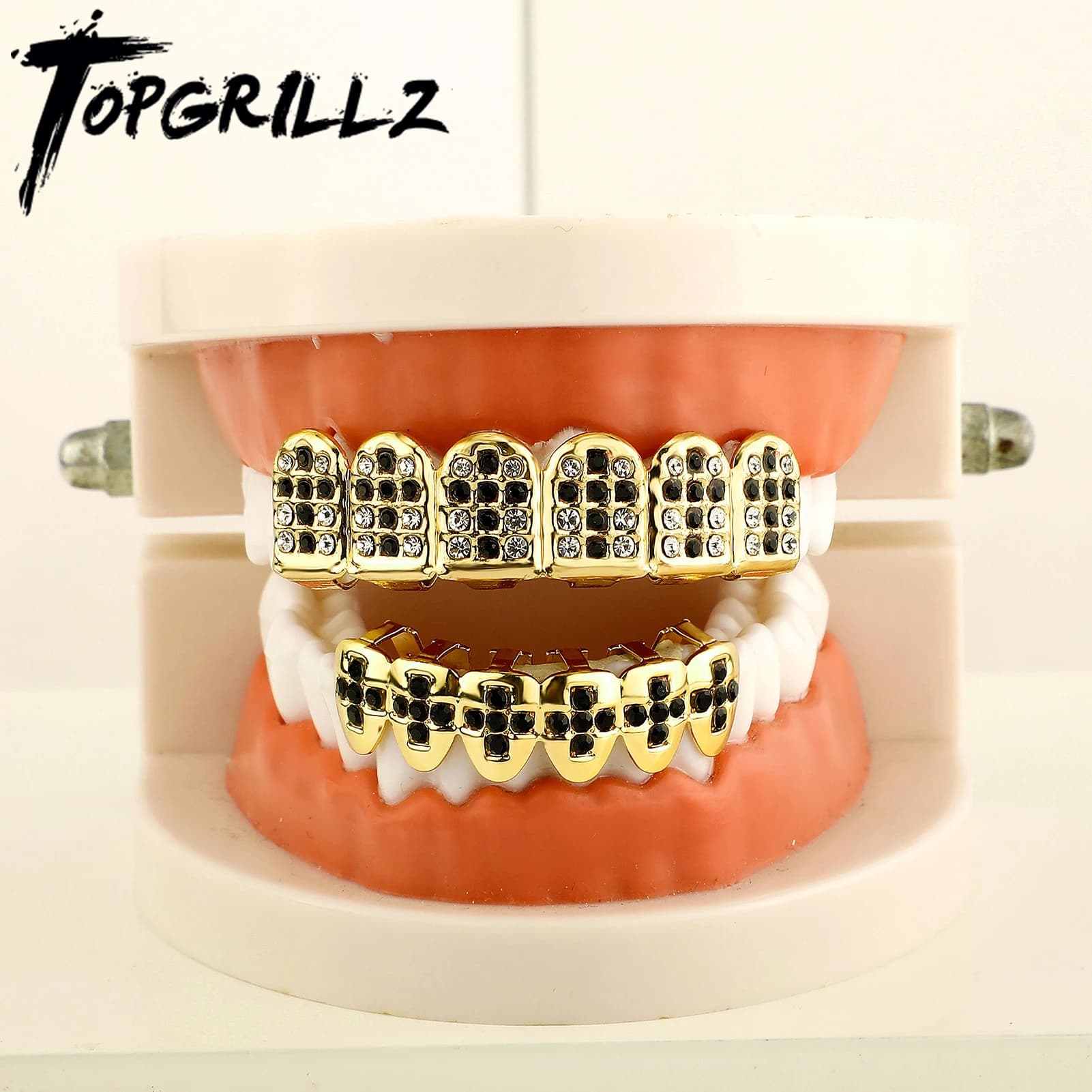 TOPGRILLZ Iced Out Black Cross Rhinestone Teeth Grillz Braces Top & Bottom Tooth Caps For Women Men Mouth Jewelry Gift
