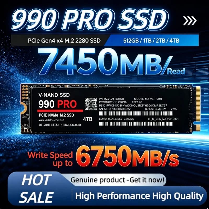 New 990 PRO PCIe Gen4 M.2 2280 NVMe SSD 512GB-4TB, Up to 7450MB/s, High-Speed Solid State Drive for Desktop & Laptop Use.