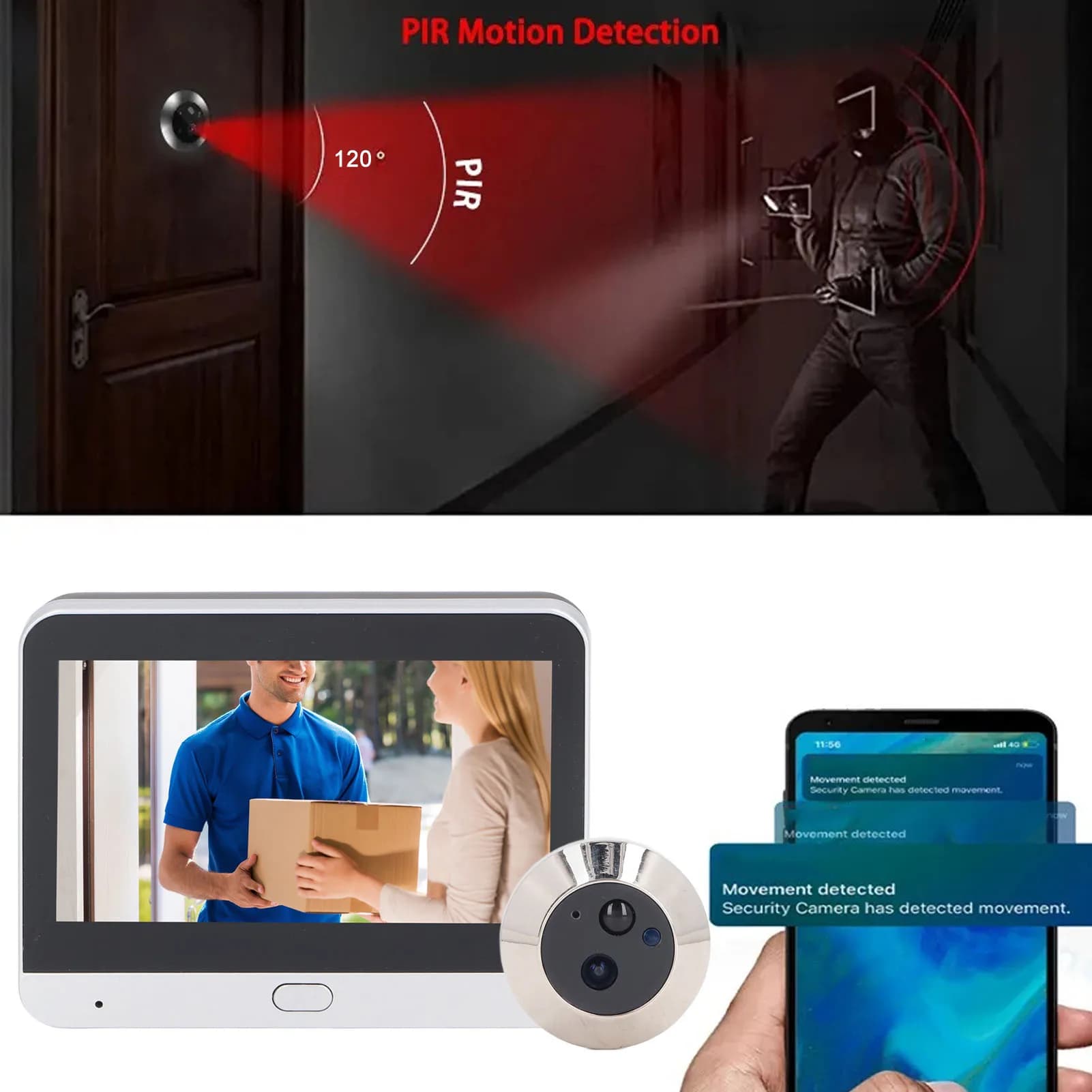 Doorbell HD Video Doorbell Rechargeable 1080P WiFi PIR Motion Detection 4.3in Color Screen Wireless 2 Way Intercom for Homes