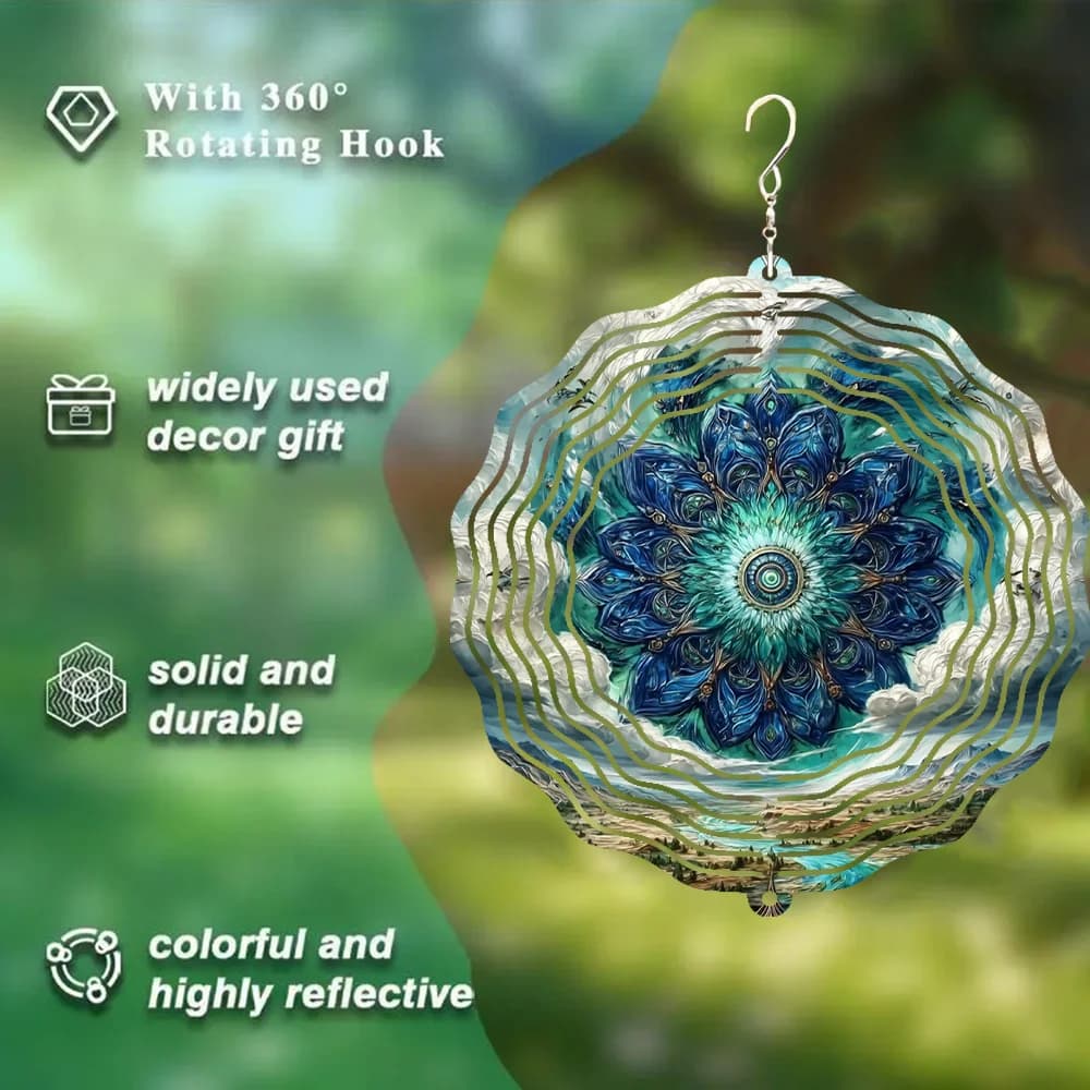 10in 3D Mandala Print Wind Chime, 360° Rotating Hook Metal Art for Yard Balcony Lawn, Unique Halloween Christmas Gift