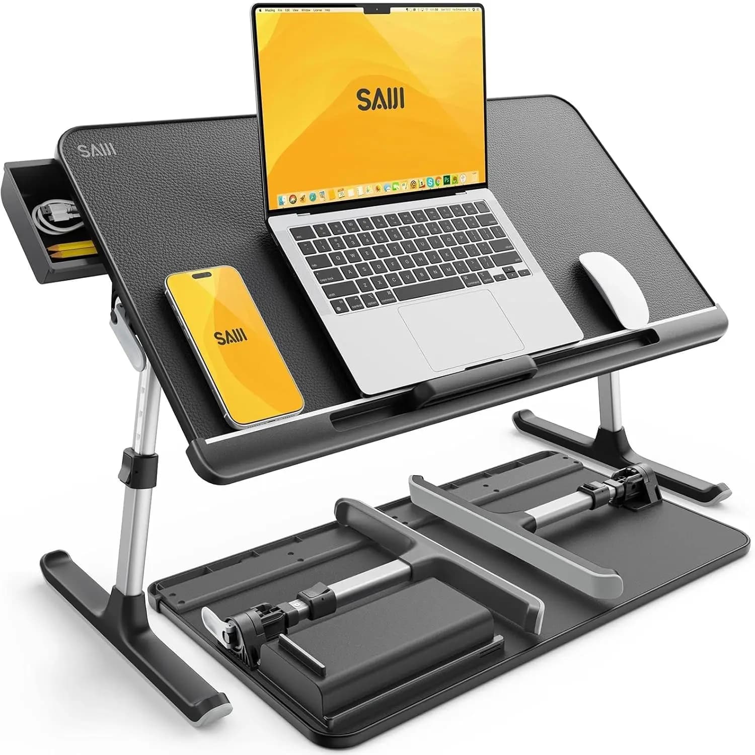 Tavolino Regolabile per Laptop con Cassetto Portaoggetti, Scrivania Portatile Pieghevole per Divano e Pavimento in Nero Scuro