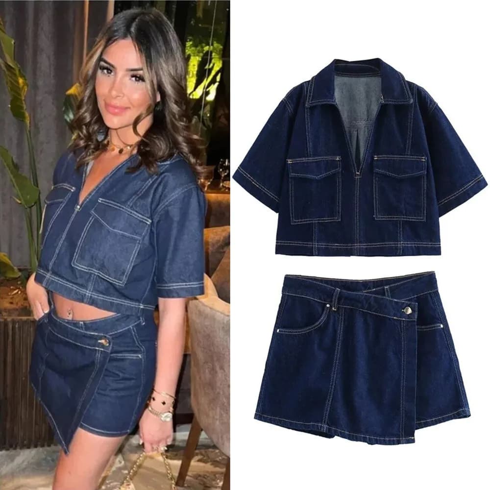 Estate nuove donne moda temperamento casual versatile scollo a V camicia di jeans corta doppio petto gonna di jeans abiti abiti