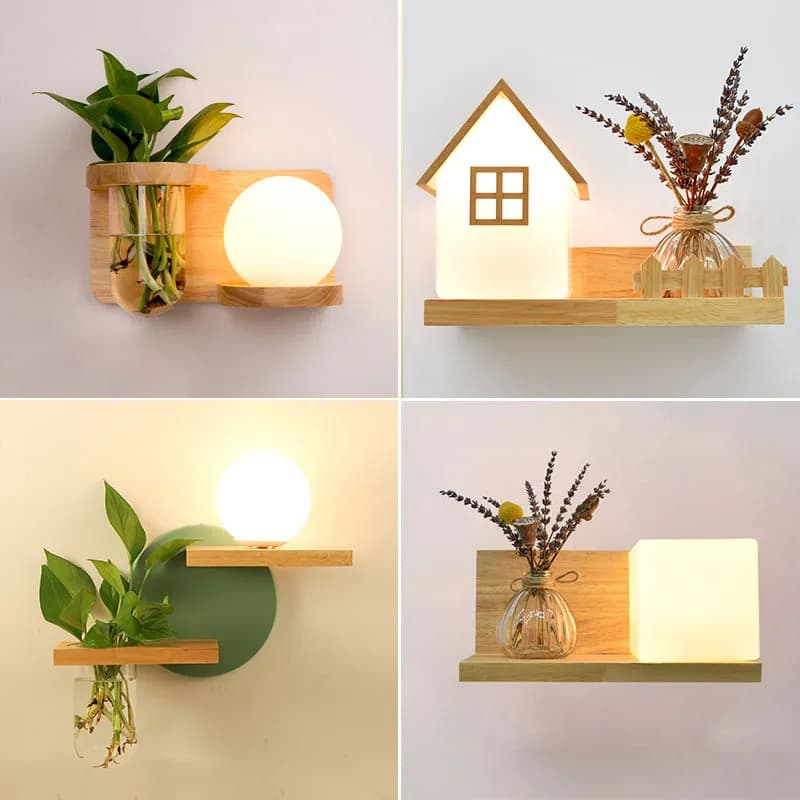 Modern Wooden Lamp LED Wall Lamp Creative Nordic Personality Green Plant Vase Home Decoration Living Room Corridor Loft lamps