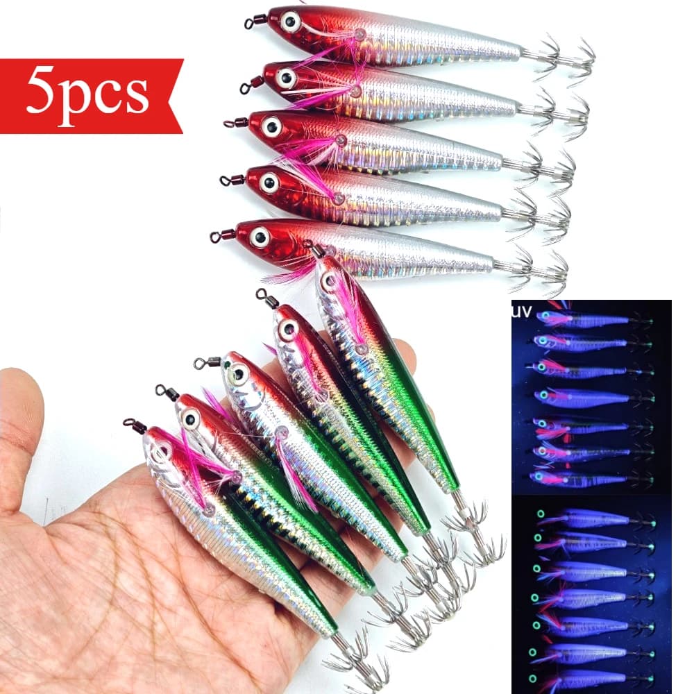 5 pz. Esche Orizzontali UV per Calamari 10,5 cm, Corpo Olografico Laser, Gambero in Legno Luminoso Realistico, Esche Egi per Polpo Marino, Attrezzatura da Pesca