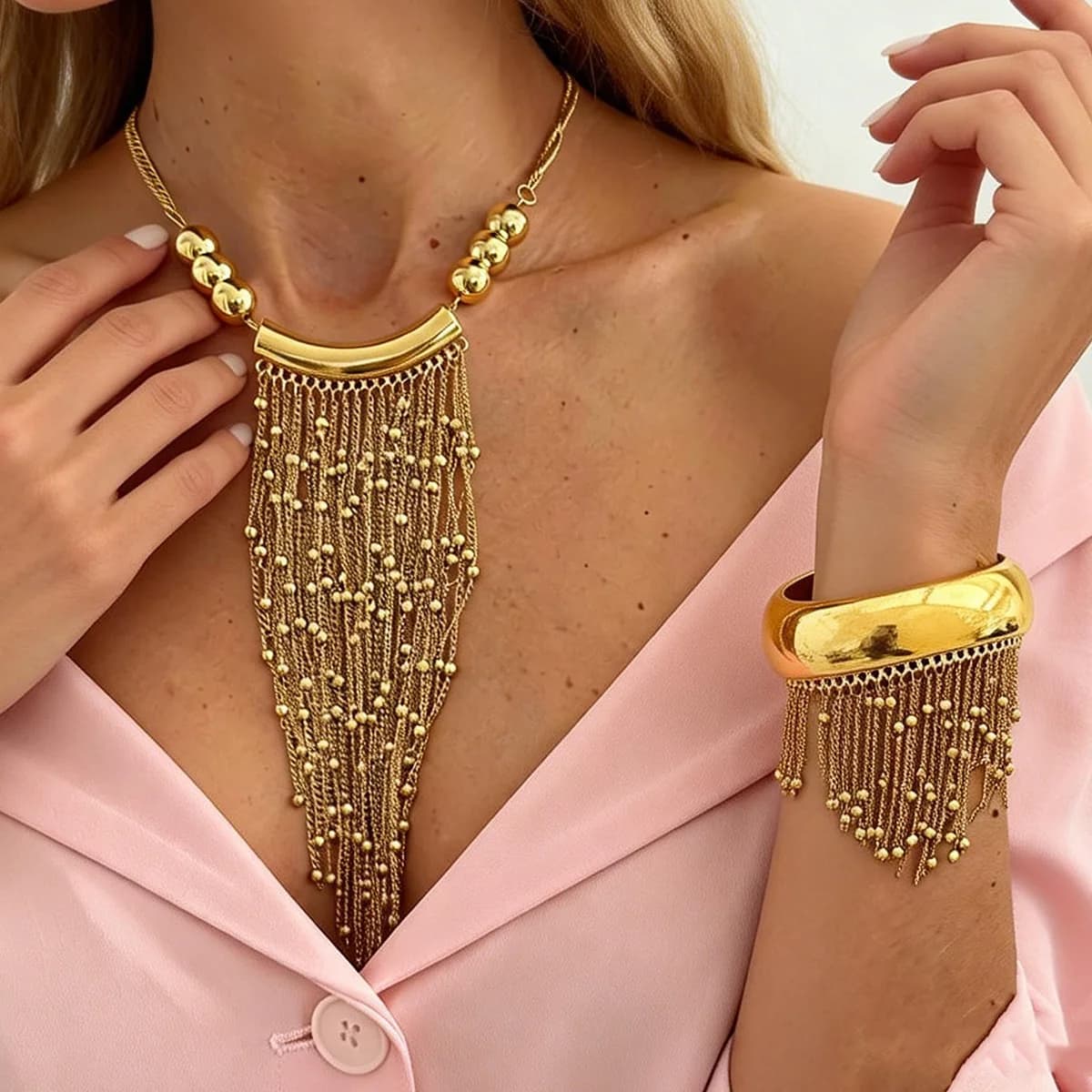 Collana creativa con catena di perline metalliche a cascata, collana alla moda con perline a gomito per la clavicola