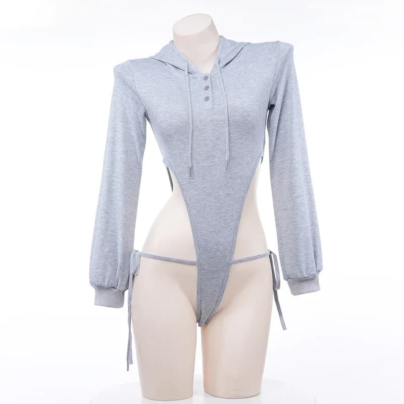 Anime Girl Donna Grigio Manica lunga Felpa con cappuccio Tuta Costume Cosplay Fasciatura Tuta con spacco alto Felpa con cappuccio Outfit Intimo Ragazza