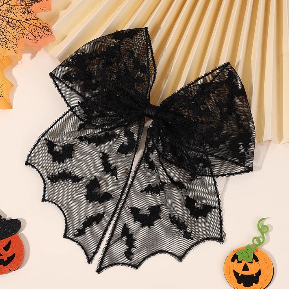 Halloween Bat Bow Hair Clips Bat Embroidery Lace Tulle Veil Gothic Hairpins Spooky Cosplay Hair Accessories For Women Girls