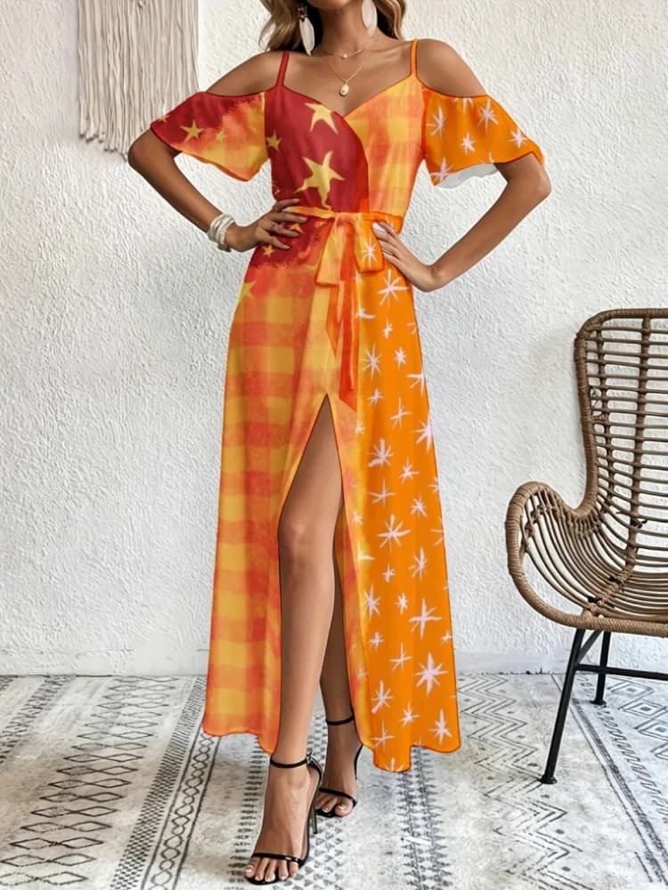 Women's Summer Plaid Print Maxi Dress Cold Shoulder Short Sleeve Spaghetti Strap V Neck Wrap Waist Tie Belt High Split Robes
