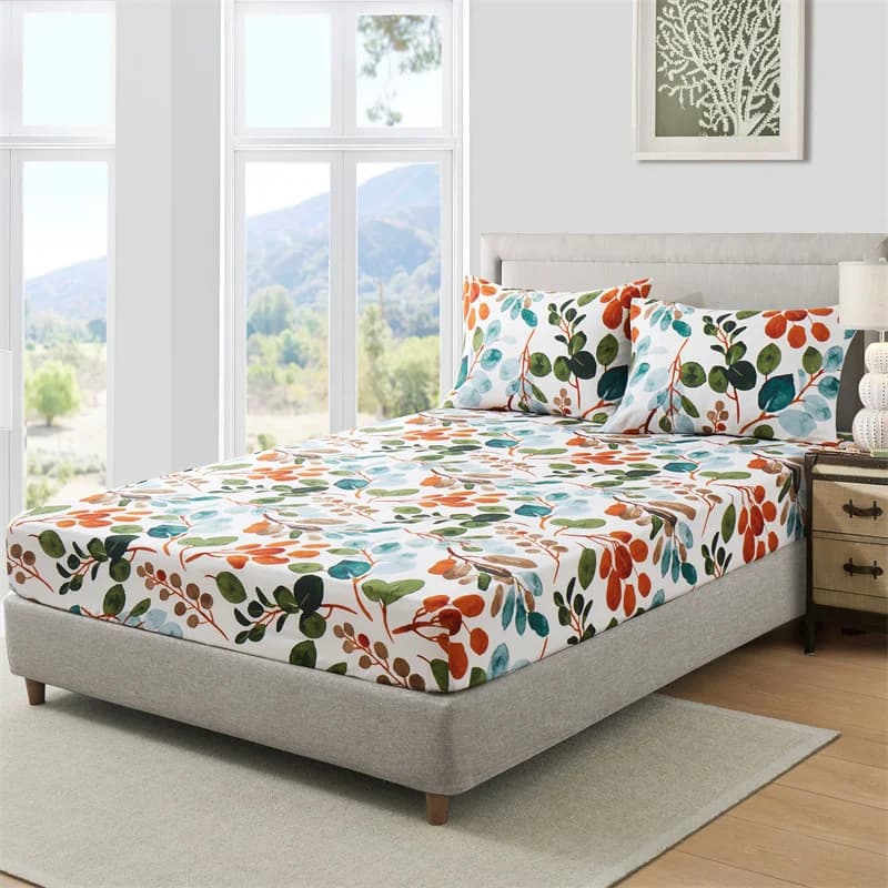 Lenzuolo con angoli colorati con foglie botaniche, rami primaverili e foglie, set di lenzuola in microfibra, fodera per letto con tasca profonda, doppia