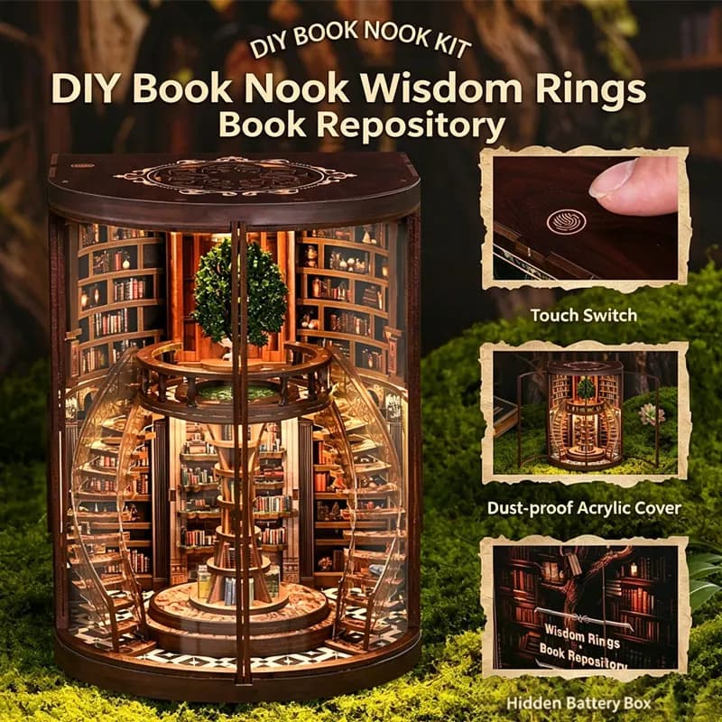 3D Book Niche "Wisdom Ring" DIY Miniature House Assembly Model - Micro-Scale Diorama Bookstand, Creative Gift