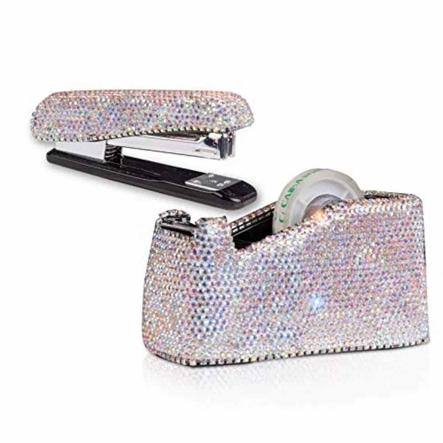 Kit di Cancelleria da Ufficio di Lusso con Graffettatrice e Dispenser di Nastro Adesivo Decorati con Cristalli e Diamanti per Ragazze e Donne alla Moda