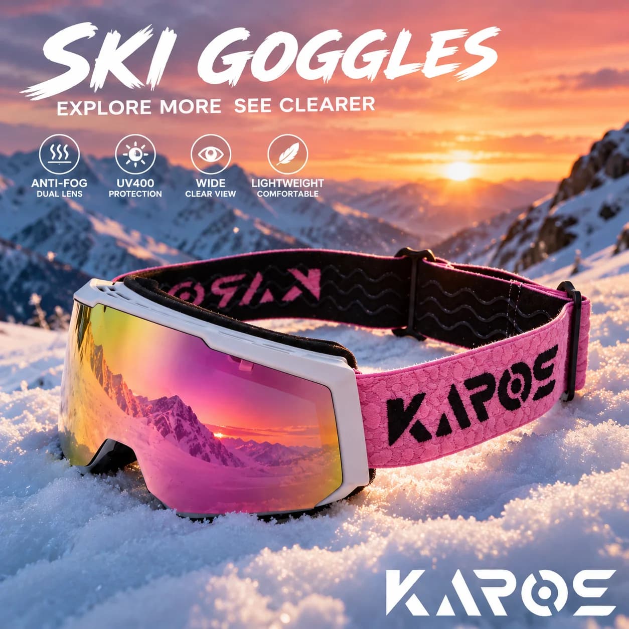 Karos Double-Layer Anti-Fog Ski Goggles UV400 Protection Lightweight Glasses Winter Sports Snowboard Snowmobile Travel Eyewear