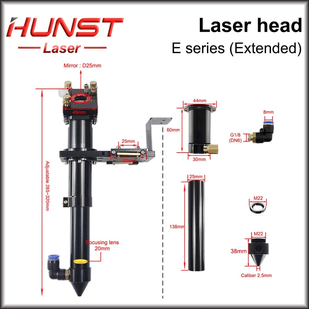 Testa Laser CO2 HUNST Serie E (Estesa) con Lente D20mm FL50.8 e Specchio 25mm FL63.5 per Macchine da Taglio e Incisione Laser di Grande Formato