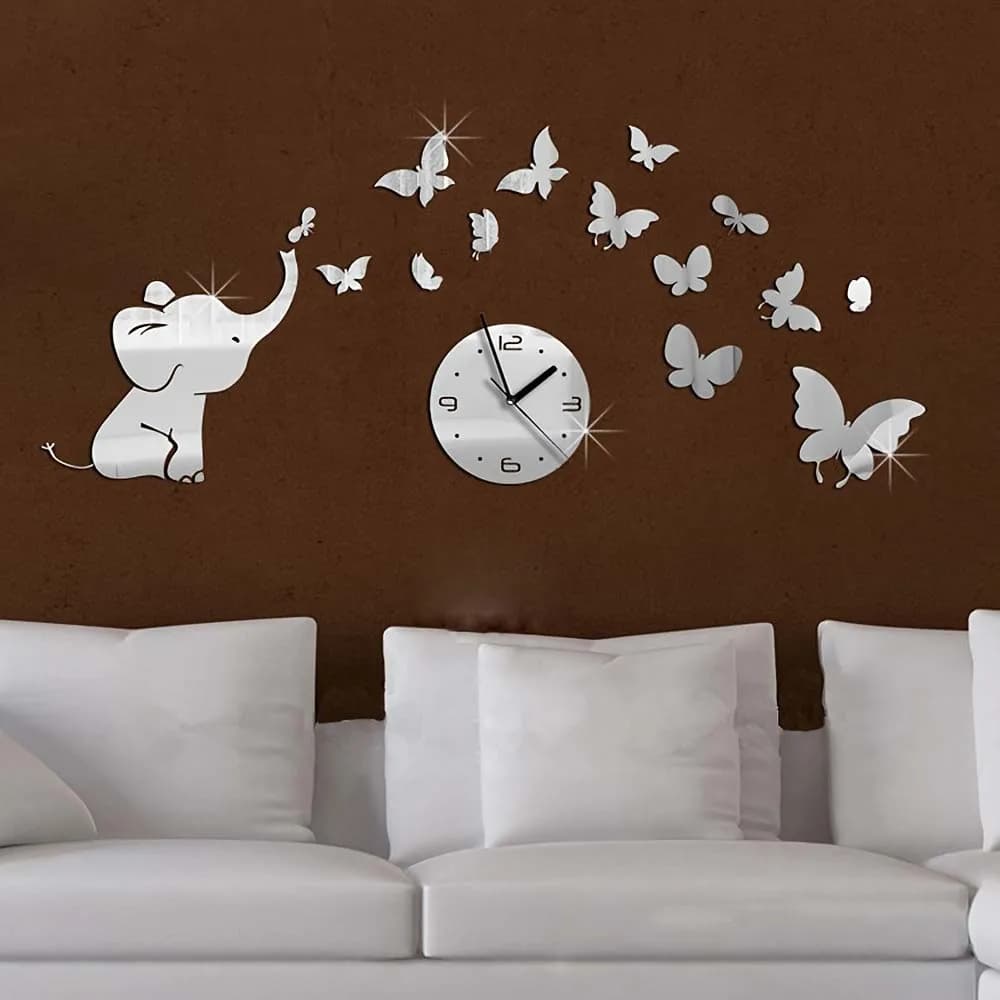 1Pcs Mirror Wall Clock Creative DIY Elephant Butterfly 3D Fashion Home Decoration Wall Sticker Clock Art Mute Wall Clock