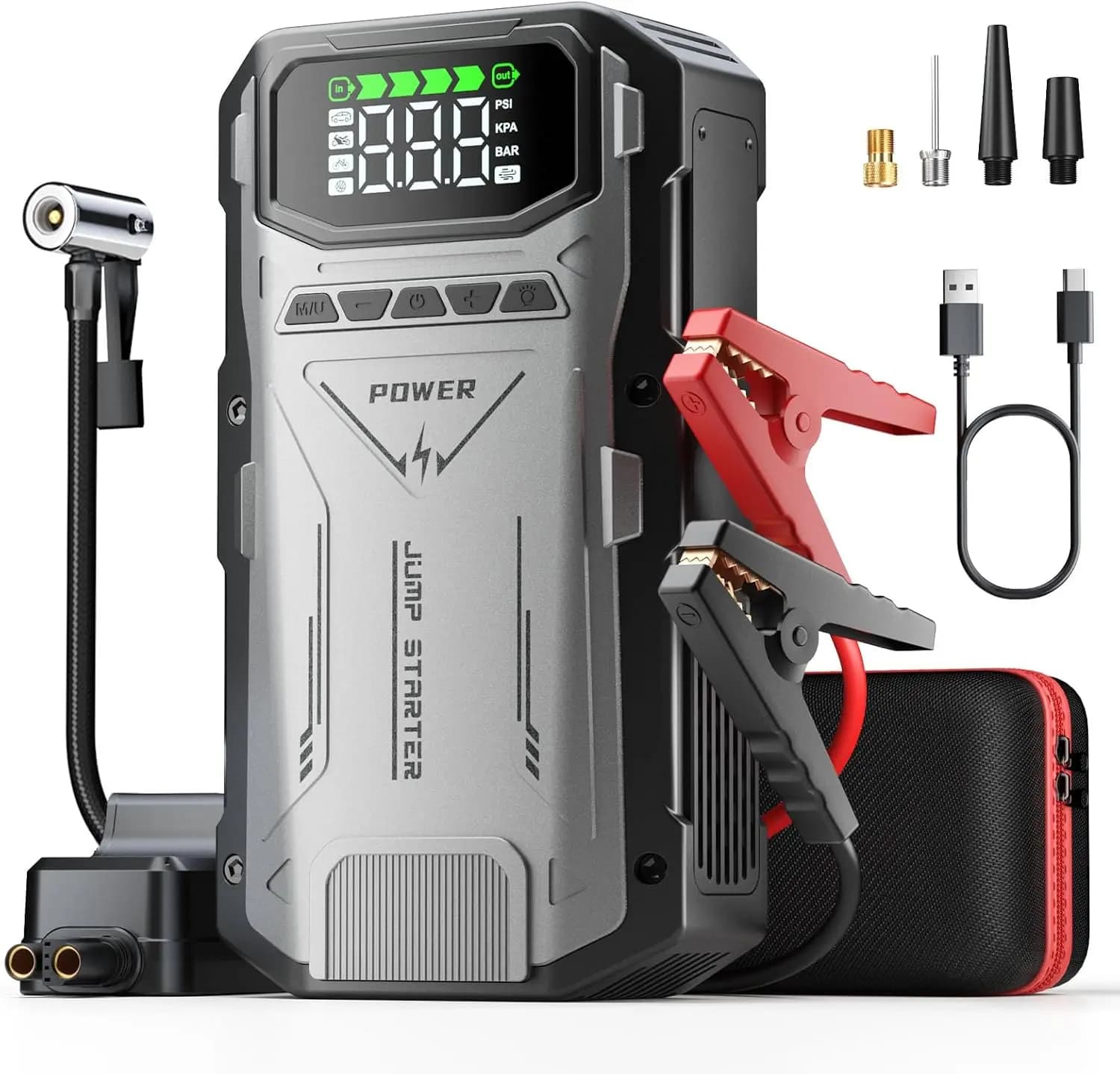 Avviatore di Emergenza con Compressore d'Aria 4000A, Caricabatterie Portatile per Auto, Gonfiatore Pneumatici 150PSI e Pacchetto di Avviamento Batteria