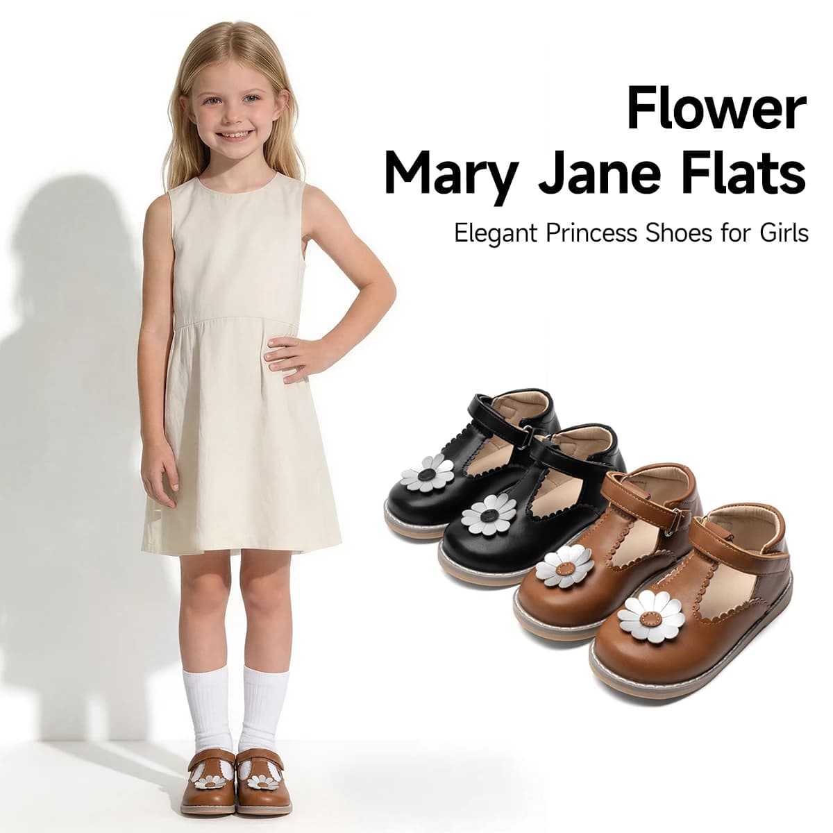 Scarpe Mary Jane in Pelle con Decorazione Floreale e Cinturino a T per Bambine, Scarpe Casual con Bordo Smerlato e Chiusura in Velcro per Bambini Piccoli