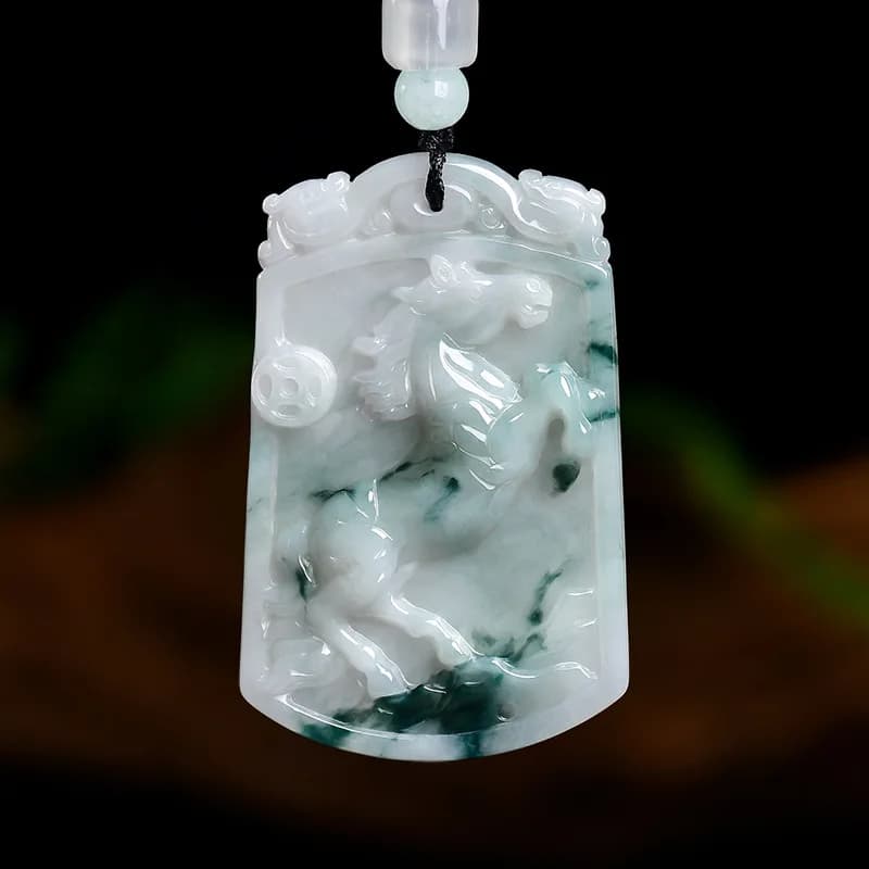 Natural Myanmar A-grade Jadeite Floating Flower Pendant Horse Brand Instant Wealth Zodiac Horse Nuo Seed For Men's Jewelry