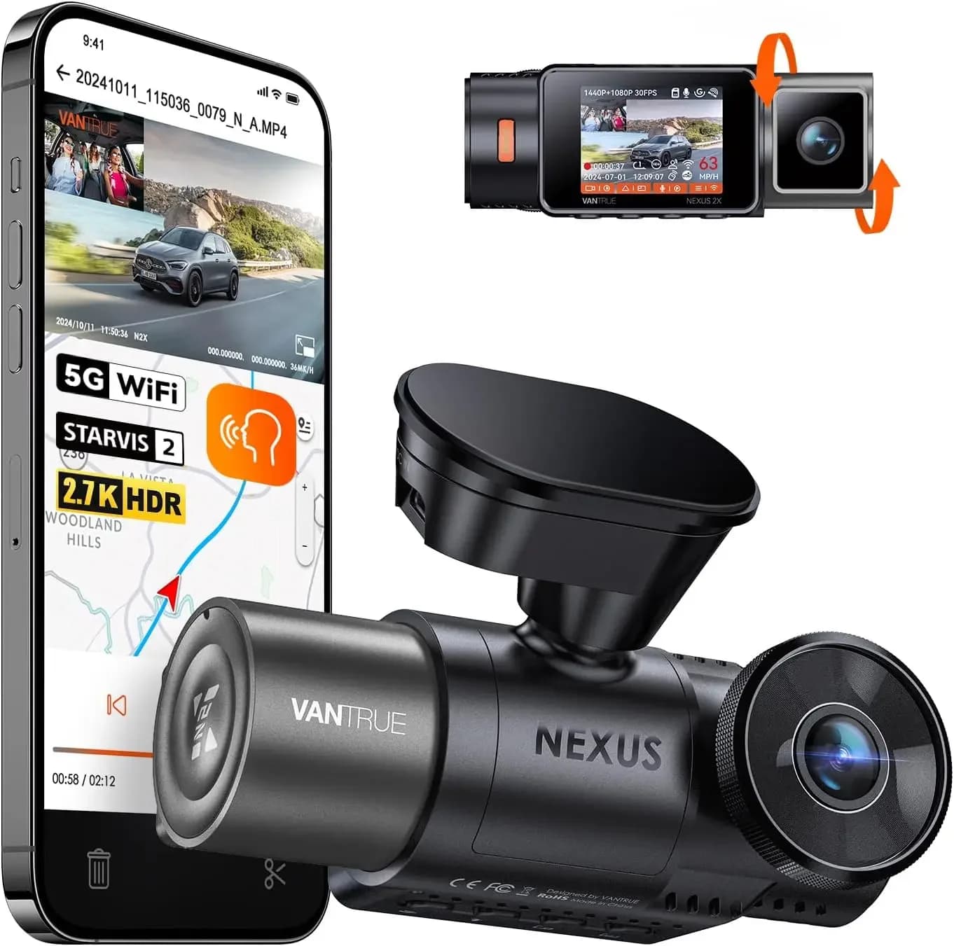 Dash Cam N2X 2.7K Anteriore e Interna, Telecamera Doppia 5G WiFi per Auto con Visione Notturna IR HDR, STARVIS 2, GPS, 2.5K/60FPS, G-Sensor