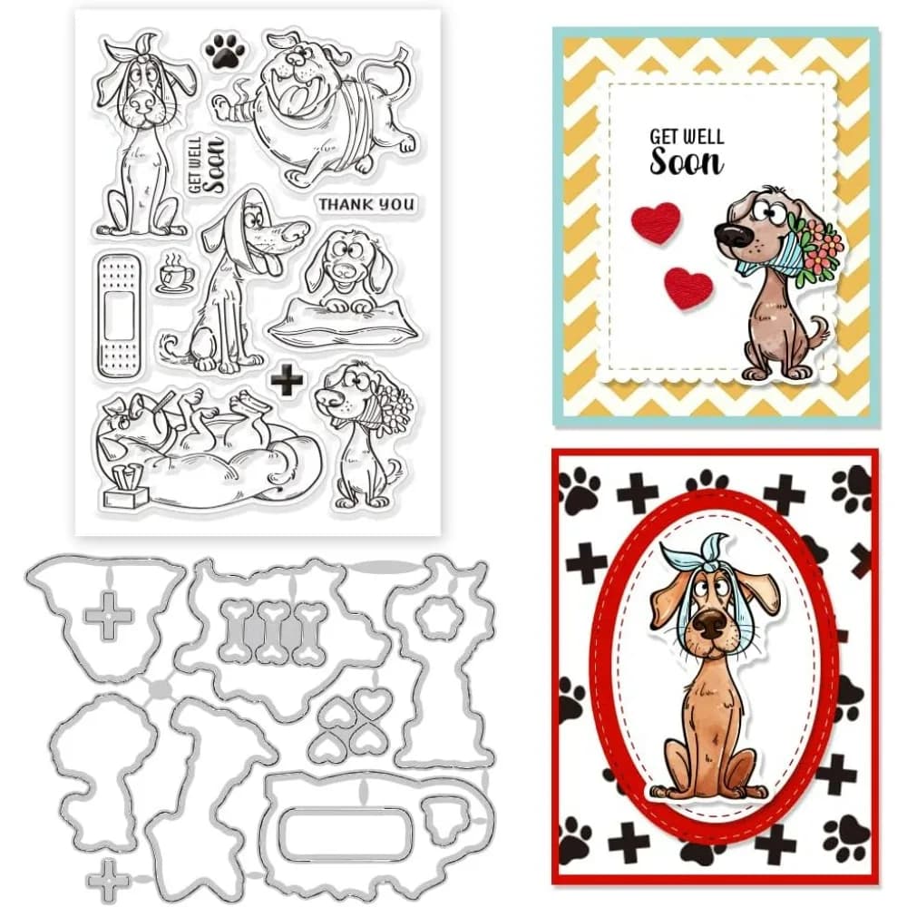Comic Sick Dog Clear Stamps Get Well Soon Clear Stamps and Cartoon Dogs Cutting Dies Set for DIY Scrapbooking and Cards Making
