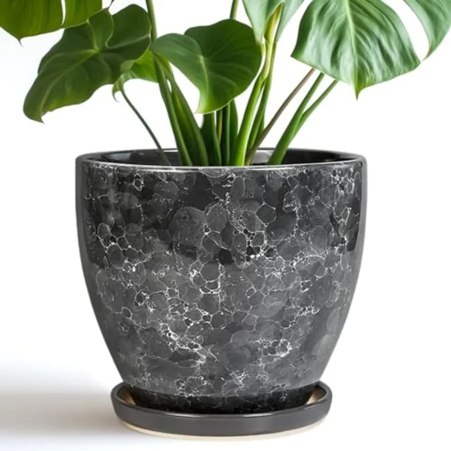 Vaso in Ceramica - Fioriera per Piante da Interno ed Esterno, Vasi Decorativi Rotondi, Vaso per Fiori con Coperchio e Sottovaso, Decorazione da Giardino
