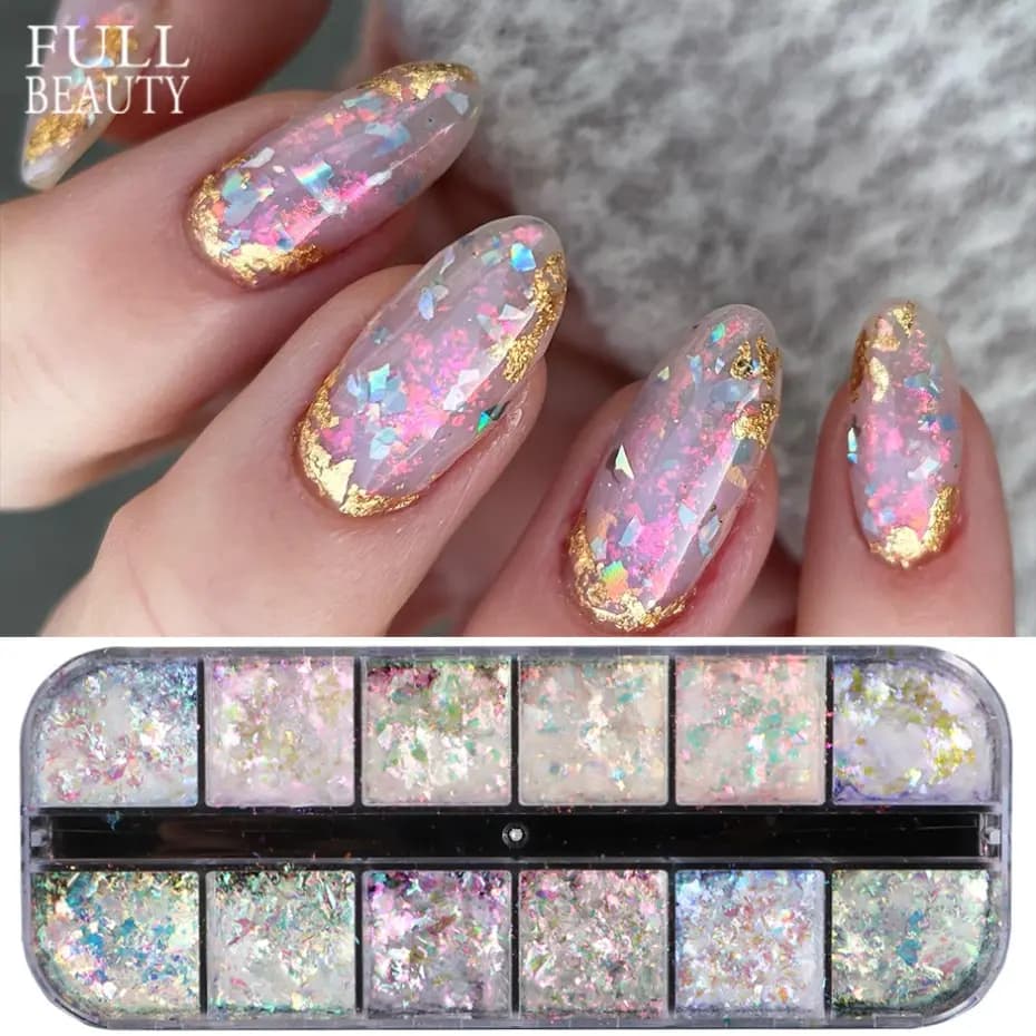 12 griglie iridescenti per unghie Aurora Glitter Crystal Fire Flakes Olografico Sparkle Paillettes Charms Gel Polish Manicure Flash