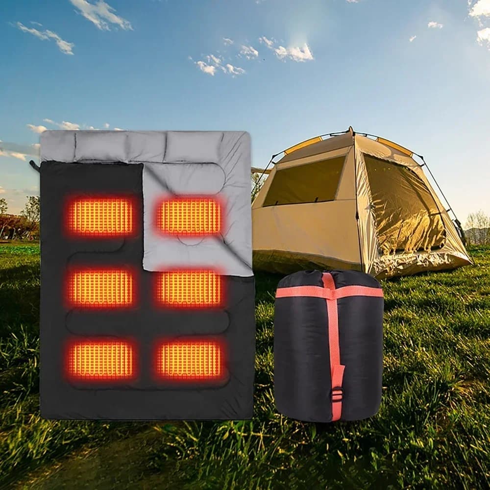 Sacco a pelo riscaldato elettrico invernale portatile per 2 persone Coperte con cuscino riscaldante 5V Interfaccia di alimentazione USB/tipo C per auto da campeggio dell'hotel