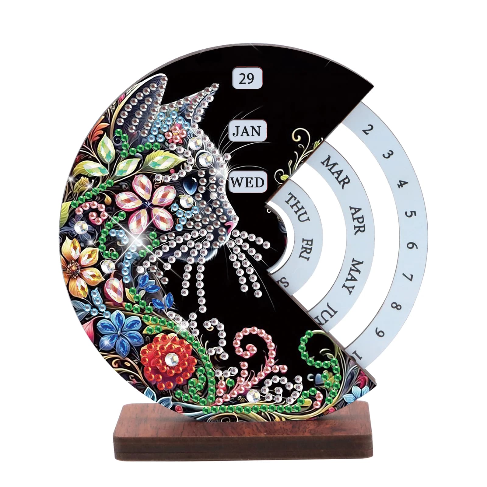 Kit calendario rotante in legno con pittura diamante, simpatico gatto Diamond Art Rotating Day Month Week e calendari riutilizzabili per regalo decorativo