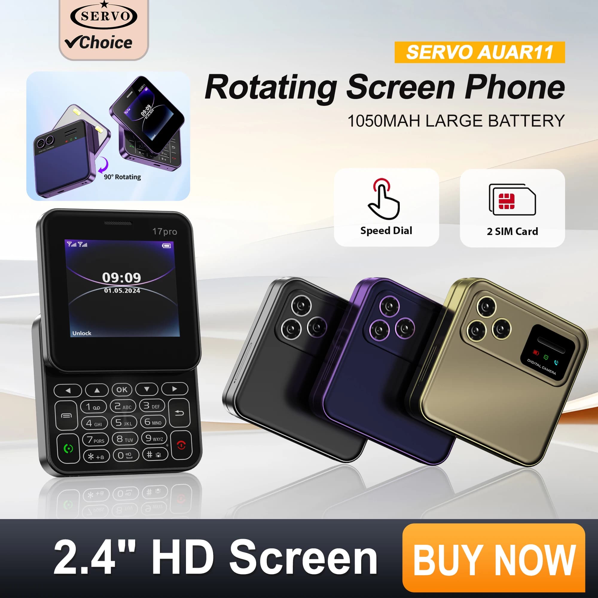 SERVO AUAR11 Telefoni Cellulari Mini con Schermo Rotante 2G GSM Display 2.4\" Dual SIM Composizione Rapida Radio FM Torcia