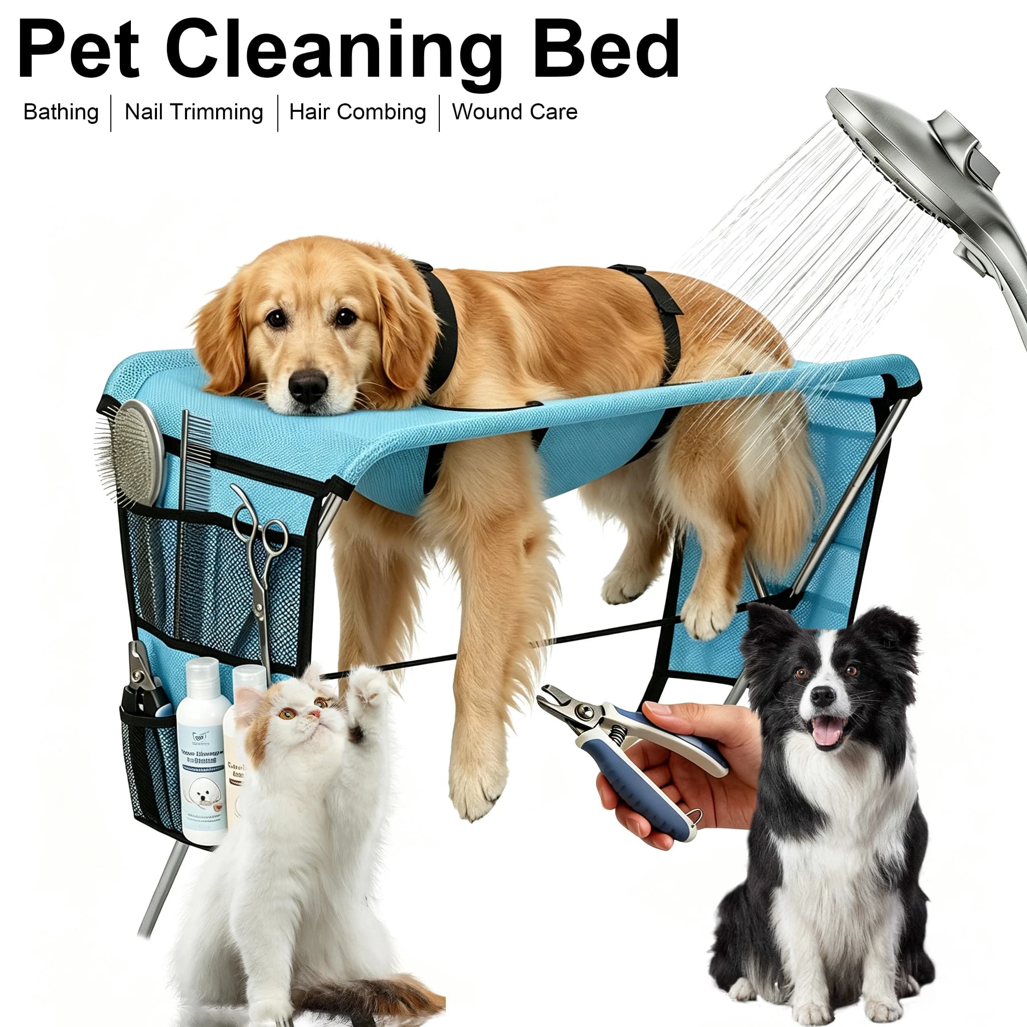 Folding Pet Grooming Bath Table Portable Cat Dog Grooming Hammock with Storage Pockets for Bathing Nail Trimming Hair Care