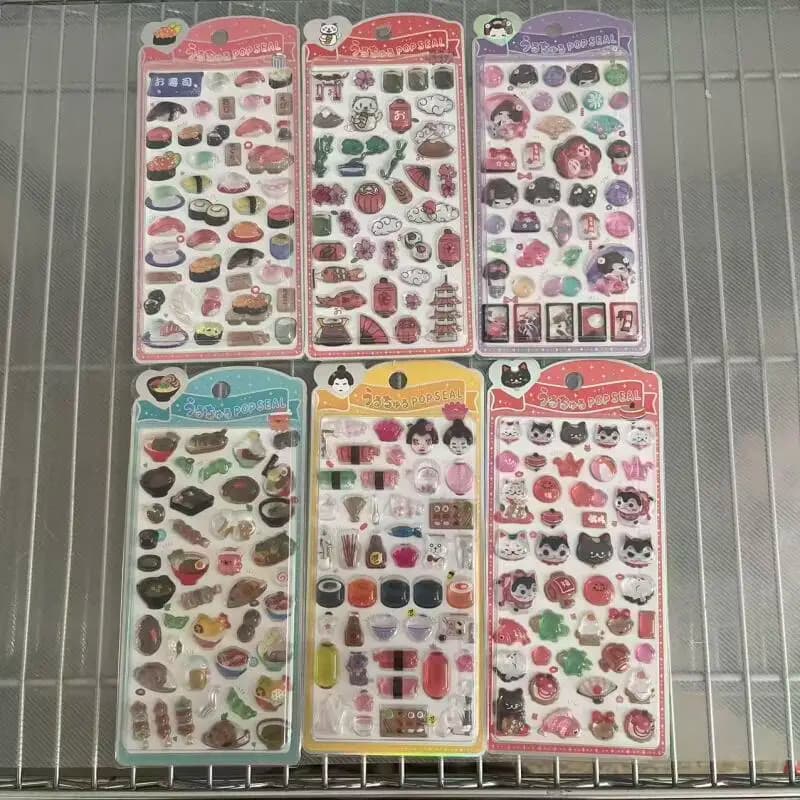 Set di sei adesivi 3D a tema anime, adesivi cartoon kawaii in stile giapponese, serie Izakaya, adesivi creativi a forma di sushi.