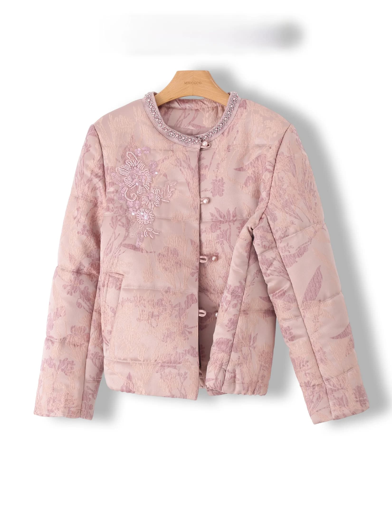 Giacca in Cotone Pesante Ricamata da Donna, Capospalla alla Moda in Cotone Ispessito, Trendy con Collo Rotondo e Maniche Lunghe