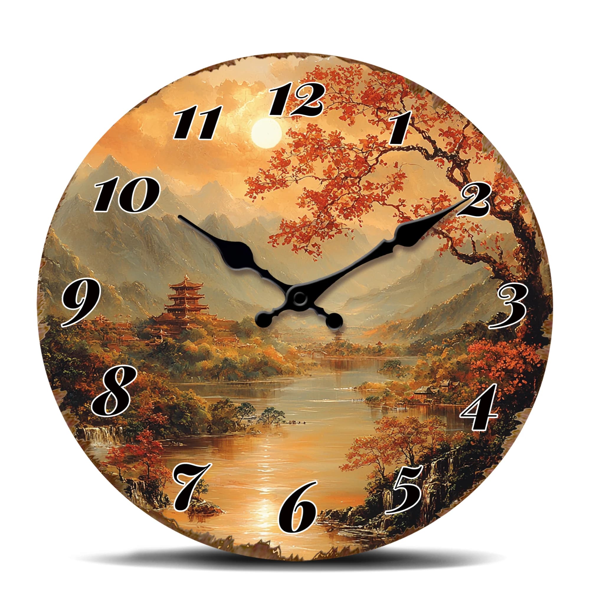 Orologio da Parete con Paesaggio Asiatico Tradizionale, Pagoda e Fiume, Decorazione Orientale Tranquilla per Sala di Meditazione
