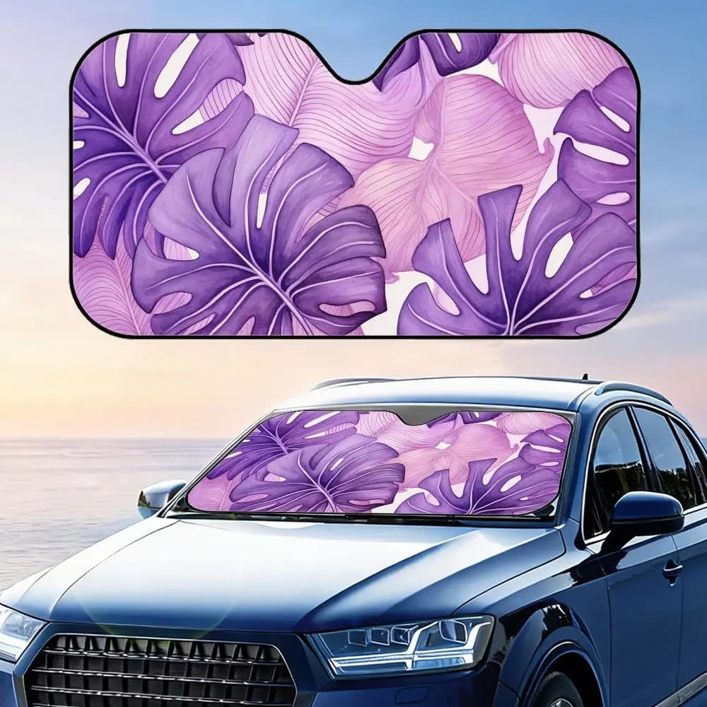 Parasole per auto pieghevole con foglie tropicali viola, protezione UV, isolamento termico riflettente, copertura riutilizzabile