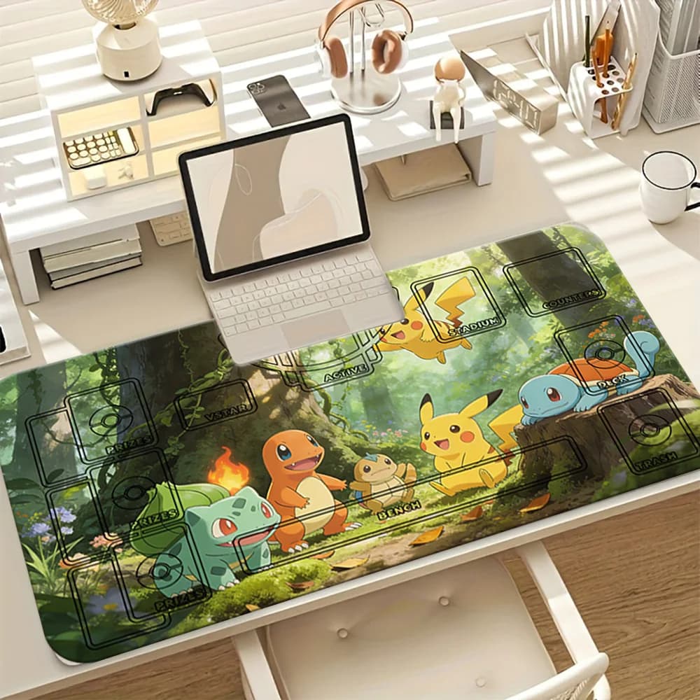 Tappetino da Gioco Pokemon Starters Forest Adventure TCG, Grande Tappetino per Mouse da Gaming con Zone per Carte, Tappetino da Scrivania