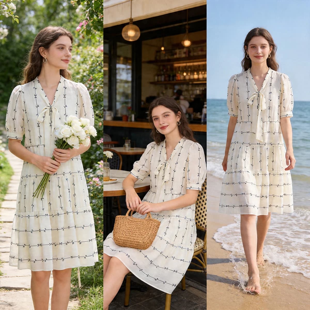 Nuova Collezione Estiva 2026, Abito da Donna in Seta Floreale con Scollo a V e Fiocco Stile Francese di JY Department Store