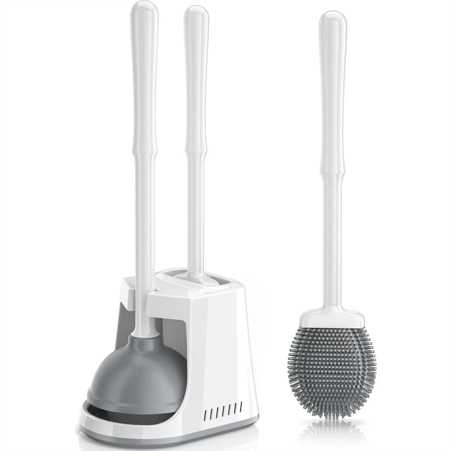 Set di sturalavandini e spazzola per WC, spazzola in silicone con sturalavandini resistente e supporto ventilato, combo 2-in-1 per la pulizia del bagno