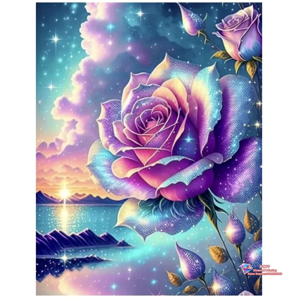 Set Pittura Diamante 5D Fai da Te Rosa Glitterata con Vista Lago al Tramonto, con Diamanti Quadrati e Rotondi, Regali Artigianali Fatti a Mano