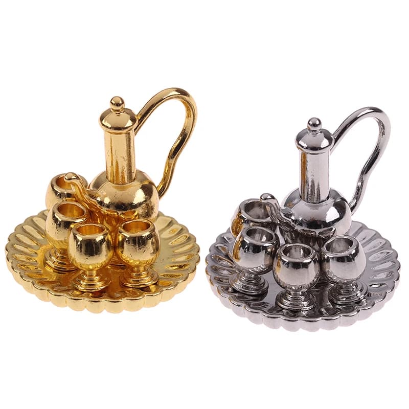 1Set 1: 12 Casa delle bambole in miniatura Accessori per mobili Articoli da pranzo Tazza da tè in metallo Piatto Modello Set per la decorazione della casa delle bambole Finta giocattolo