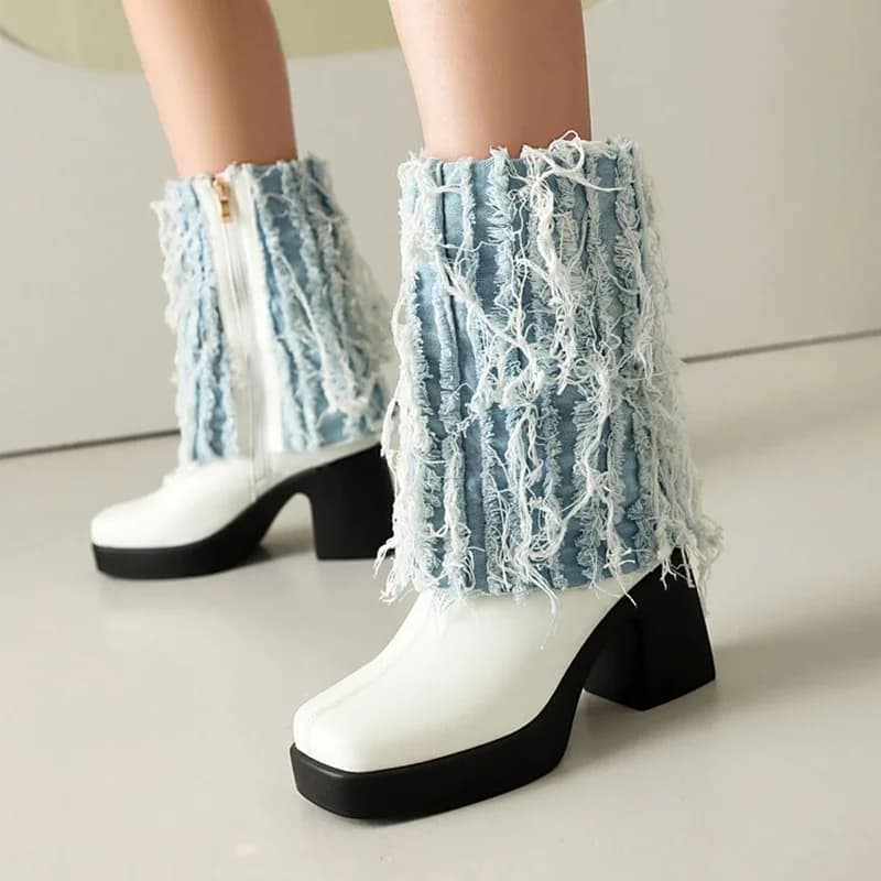 ORCHA LISA 2026 New Design Women's Mid Calf Boots Round Toe 8.5cm Block Heel 2.5cm High Platform Fabric Tassels Big Size 42 43