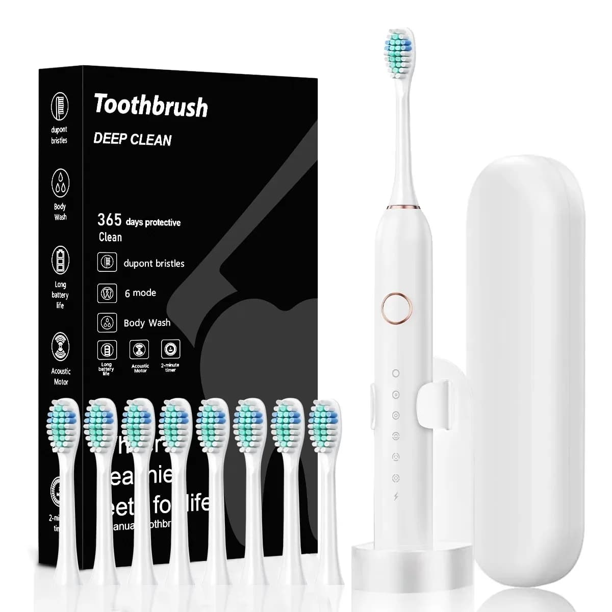 Sonic Electric Toothbrush USB Rechargeable for Adults and Children, 180 Days of Autonomy, IPX7, 8 Heads of Exchange, Travel Case