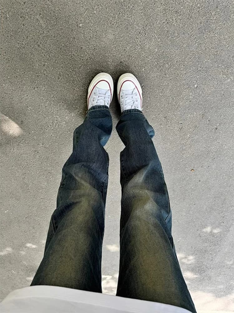 Jeans da Uomo Slim Fit a Gamba Dritta Blu Scuro Effetto Lavato Stile High Street in Misto Cotone Poliestere