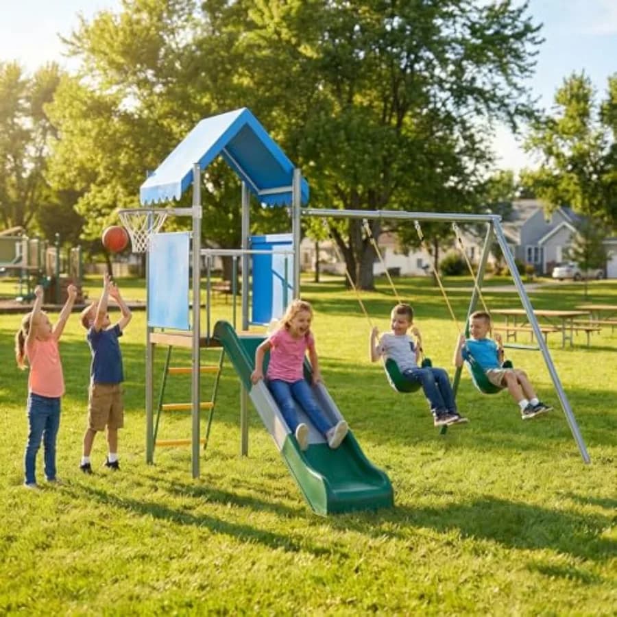 Set da gioco per esterni con doppio altalena e scivolo, in acciaio zincato, attrezzatura da gioco per giardino con canestro da basket, set da gioco in metallo per esterni