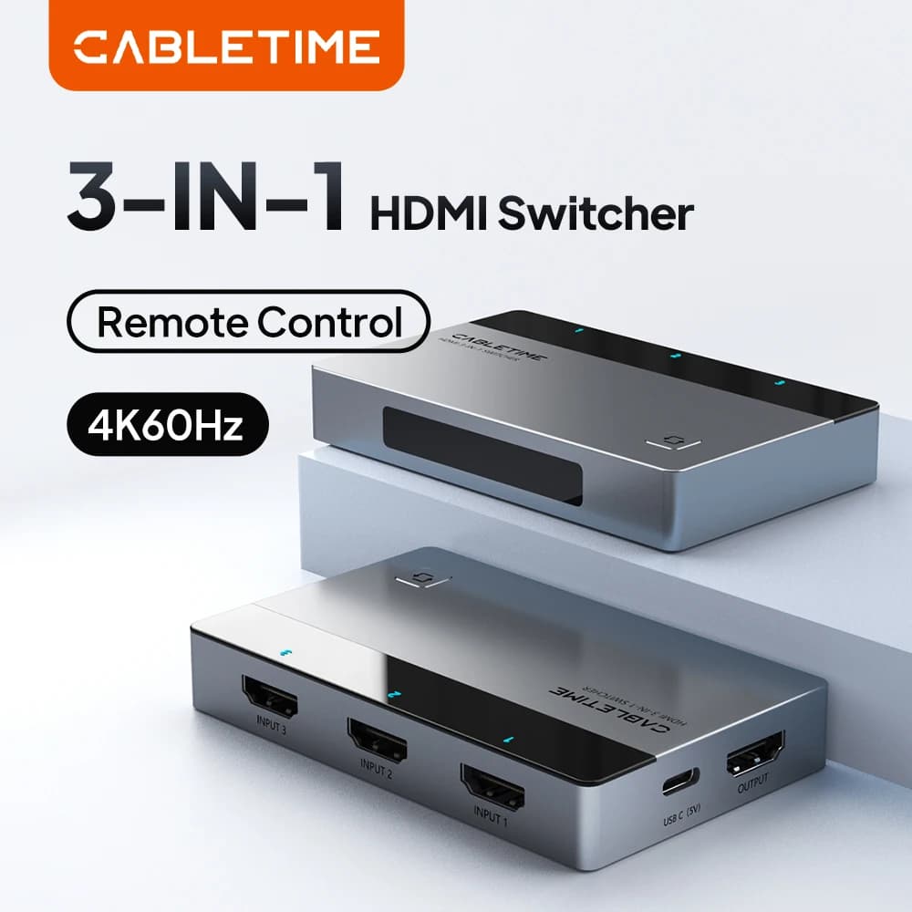 CABLETIME Switcher HDMI 3 in 1 4K 60Hz Splitter HDMI per HDTV Xiaomi Mi Box PS5 Switch HDMI 3 in 1 con uscita per Laptop Macbook