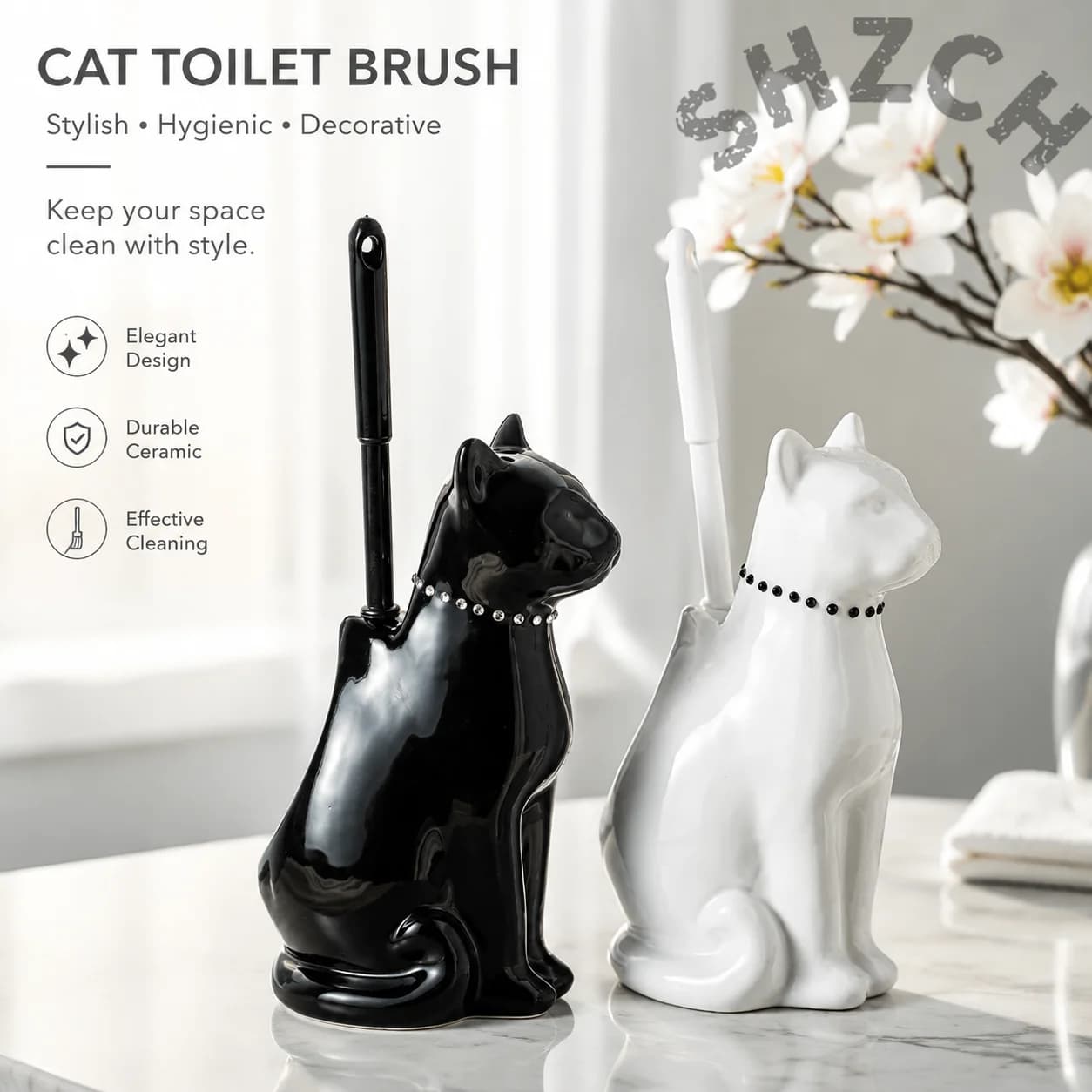 Black and White Cat-Shaped Ceramic Toilet Brush for Bathroom Cleaning