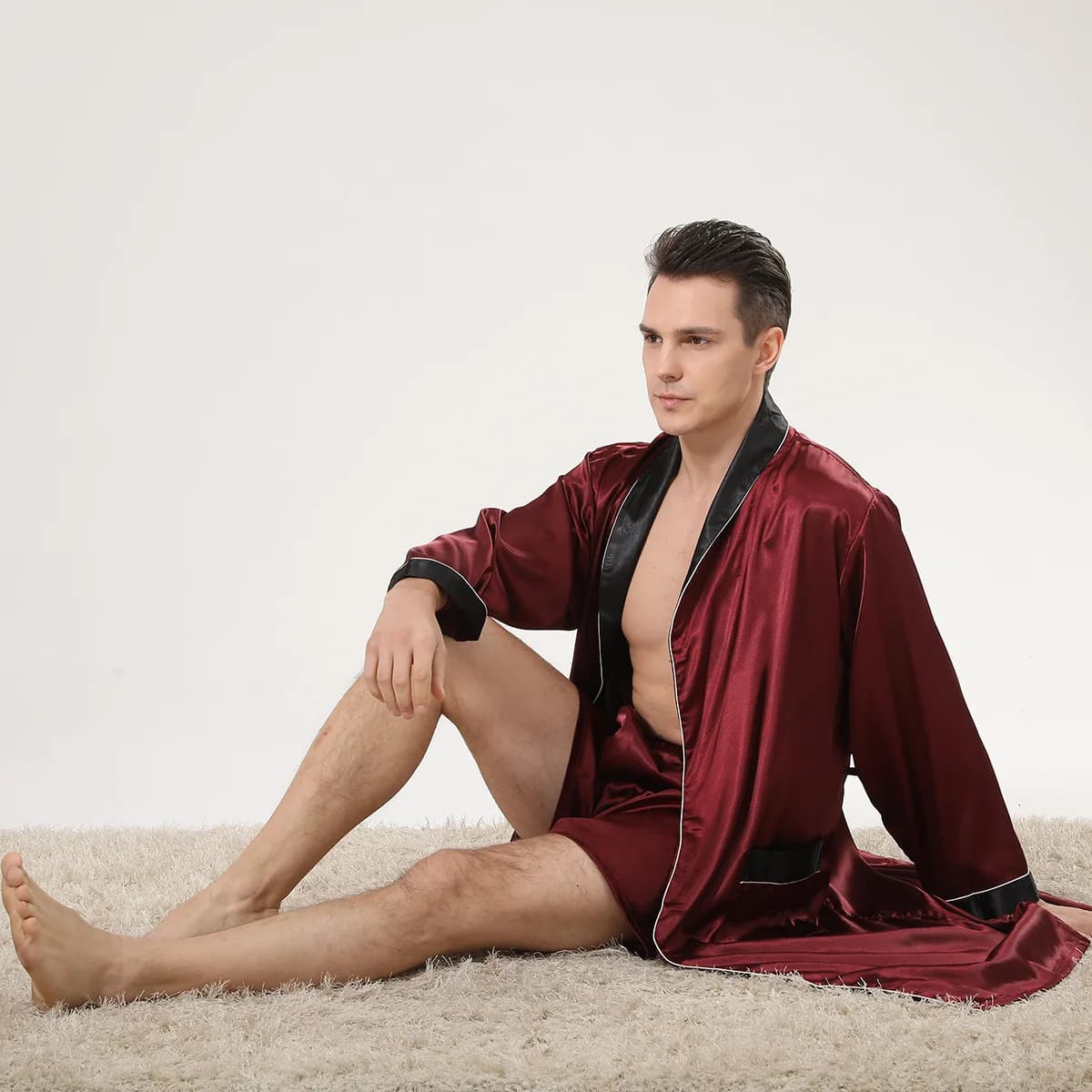 Primavera Nero Collo a Scialle Rosso Uomo Accappatoio Pantaloncini Abito Kimono Casa di Seta Maschile Set di Vestaglie Morbido Accogliente Sottile Manica Lunga Abito da Bagno