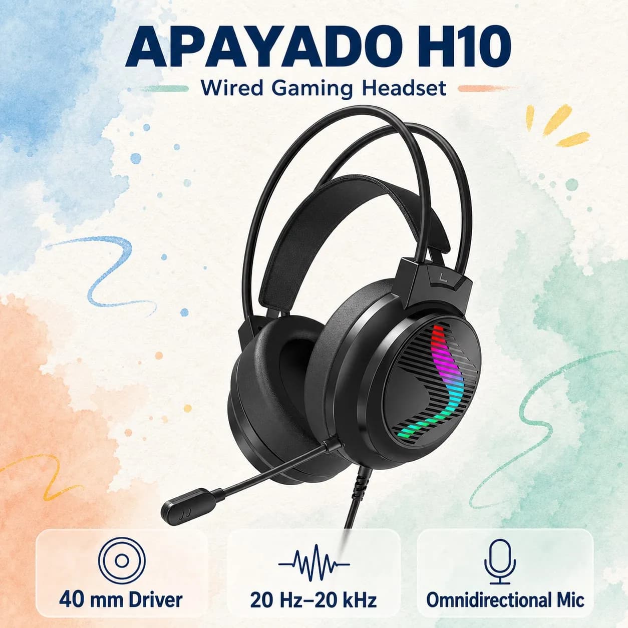 APAYADO H10 Wired Gaming Headset 40mm Speaker Unit 3.5mm Dual Jack USB Omnidirectional Microphone 2.0M Cable For PC Desktop