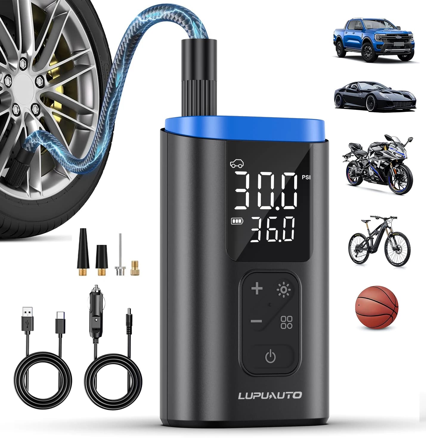 Compressore d'Aria Portatile Intelligente con Manometro Digitale per Auto, Bici, Moto e Palloni, Ricaricabile USB